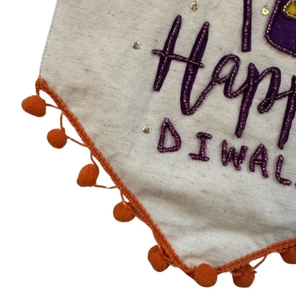 Happy Diwali Colorful Sequin Beaded Tassel Orange Pom Fringed Cotton Banner NWT